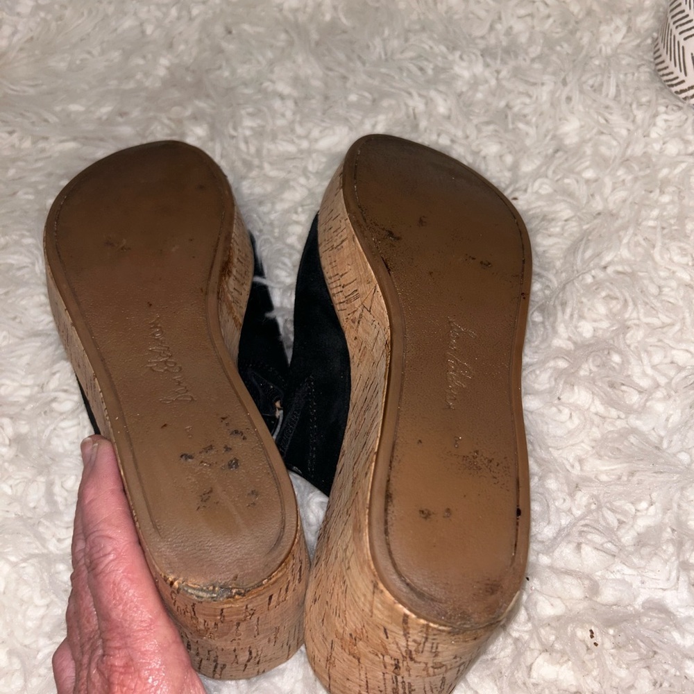 50%offw❤️ Sam Edelman Cork black suede platform mules 8 flaw wear heel see photo - Picture 5 of 6
